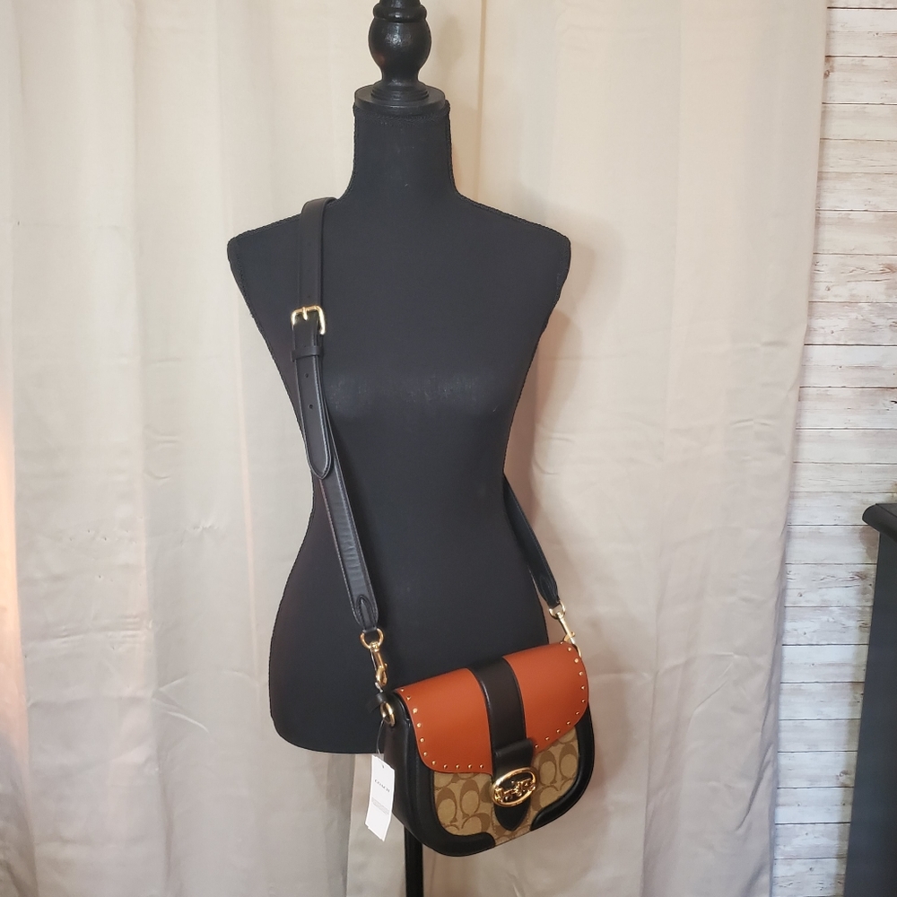 Coach Georgia Saddle Bag in Colorblock Signature Canvas with Rivets